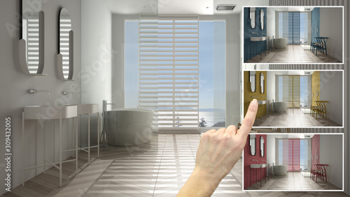 Foto Architect designer concept, hand showing modern bathroom colors in different opt