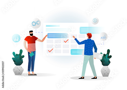 Planning schedule concept banner with characters. Can use for web banner, infographics, hero images. Flat isometric vector illustration isolated on white background.