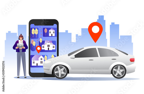 Mobile city transportation vector illustration concept. Online car sharing with cartoon character and smartphone, can use for landing page template, ui, web, mobile app, poster, banner, flyer