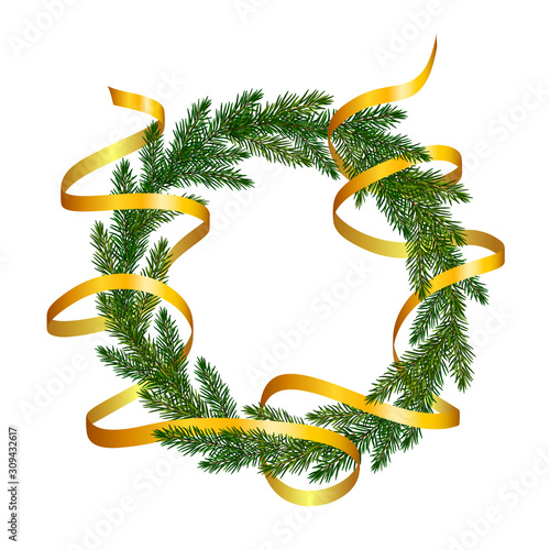 Wreath of fir tree branches with a golden ribbon wrapping around it. Christmas tree branches frame for greeting New Year and Christmas cards, banners, invitations