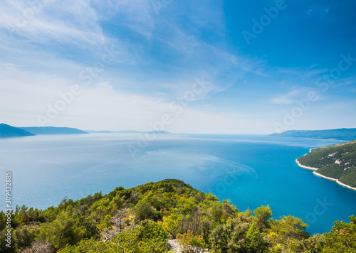 Istrian coastline in Croatia with blue sky, green pine woods and clear waters