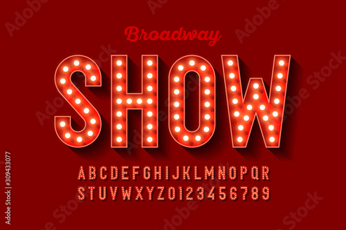 Photo Broadway style retro light bulb font, vintage alphabet letters and numbers