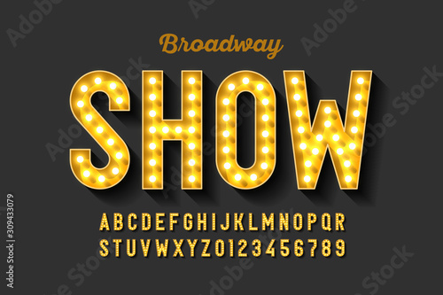 Broadway style retro light bulb font, vintage alphabet letters and numbers photo