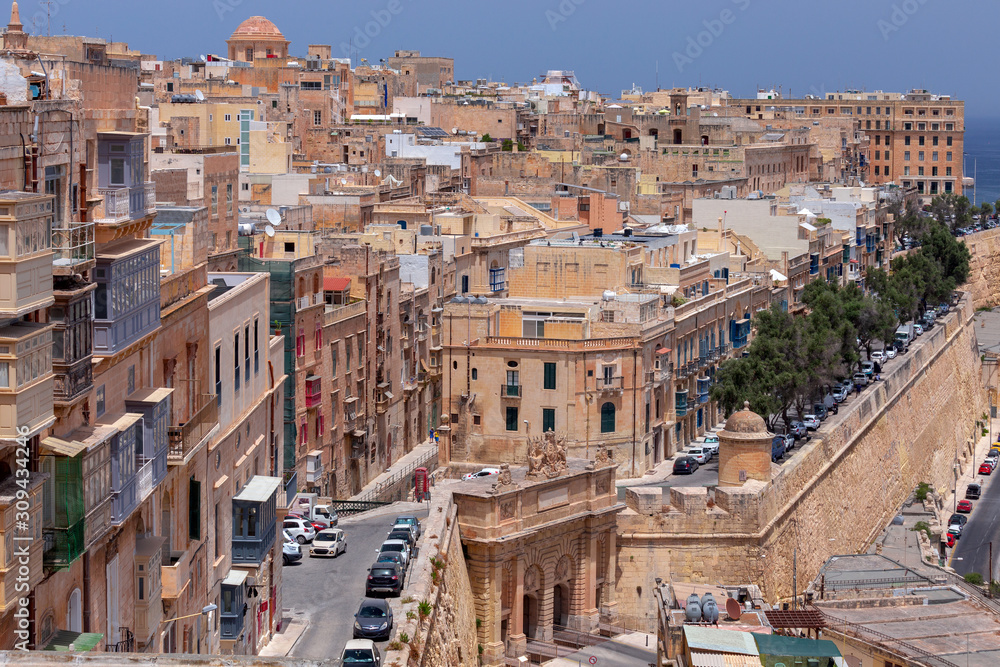 Malta. Aerial view of the old town and the bay on a sunny morning.