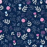 Cute floral seamless pattern with hand drawn flowers and leaves for textile, wallpapers, gift wrap and scrapbook. Dark blue background. Vector illustration.
