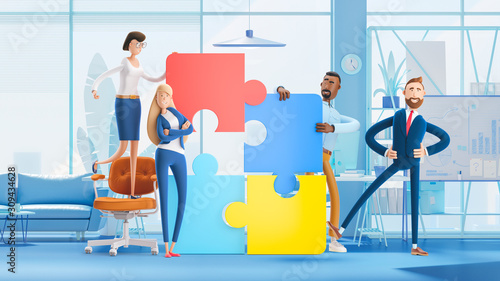 People connecting puzzle elements. 3d illustration. Cartoon characters. Business teamwork concept on white background.