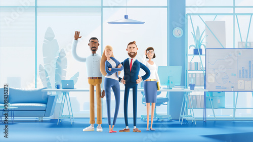 Fototapeta Naklejka Na Ścianę i Meble -  Working team of professionals stand in the interior of the office. 3d illustration.  Cartoon characters. Business teamwork concept. 