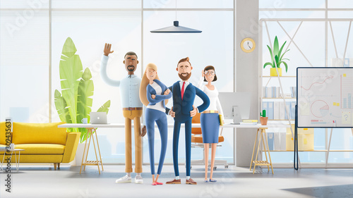 Fototapeta Naklejka Na Ścianę i Meble -  Working team of professionals stand in the interior of the office. 3d illustration.  Cartoon characters. Business teamwork concept. 