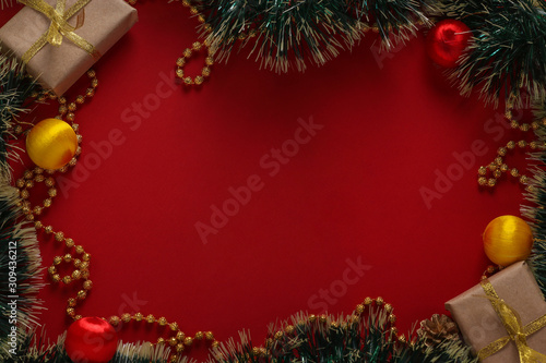 Wallpaper Mural Christmas composition with gifts and xmas tree on red background, Greeting card, Winter holiday Torontodigital.ca