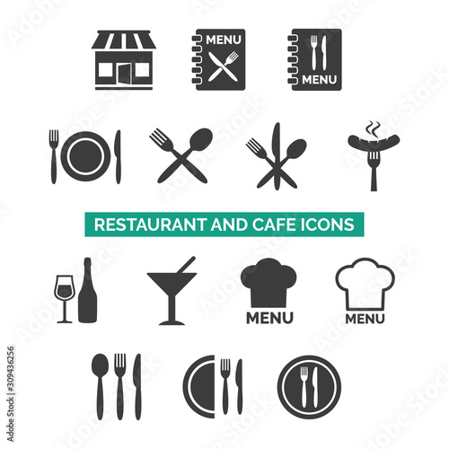 Restaurant and cafe icons set on white background.