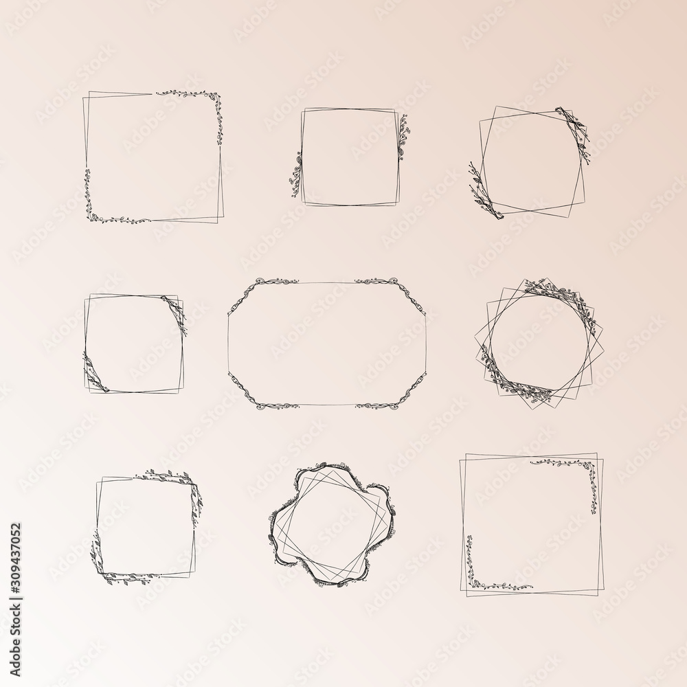 Fototapeta premium Floral doodle frames set. Hand drawn graphic isolated vector illustration.