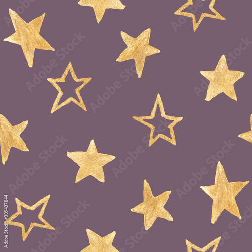 Watercolor seamless pattern with gold stars on a background color of eggplant. Hand drawing for paper, Wallpaper, textiles, screensavers, printing.