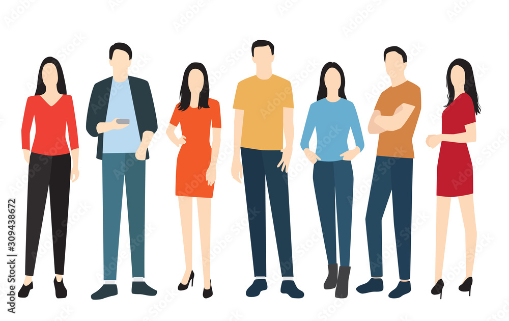 Silhouettes of men and women in summer clothes of different colors, cartoon character, a group of standing and walking business people, the design concept of flat icons isolated on a white background