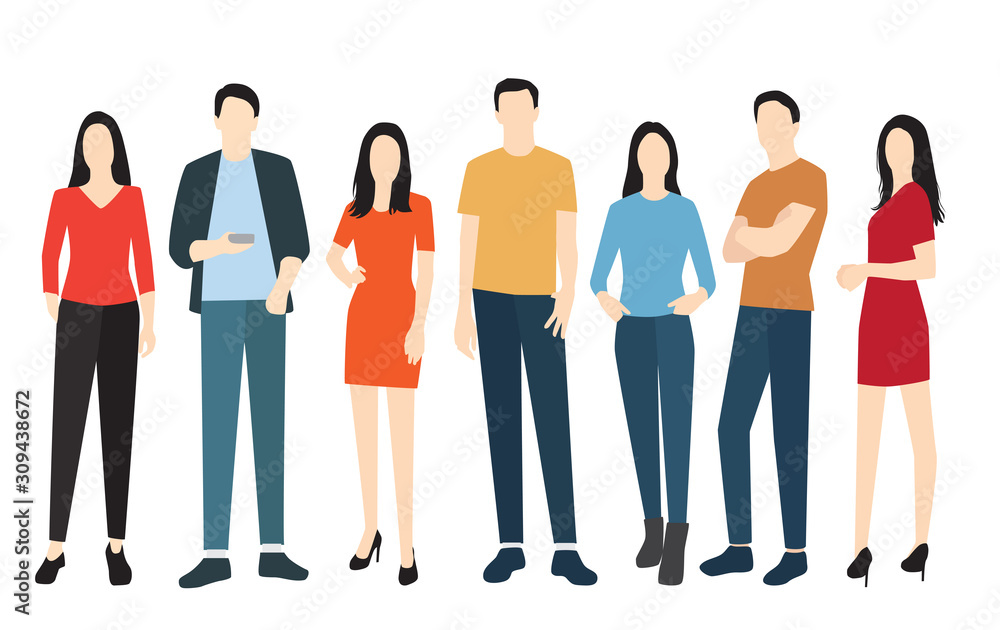 Silhouettes of men and women in summer clothes of different colors, cartoon character, a group of standing and walking business people, the design concept of flat icons isolated on a white background Silhouettes of men and women in summer clothes of different colors, cartoon character, a group of standing and walking business people, the design concept of flat icons isolated on a white background