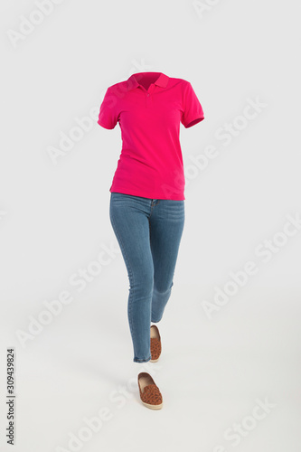 Empty clothes invisible sexy Woman wearing pink polo shirt and tight jeans with shoes posing front view