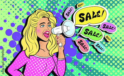 Sexy young woman with open mouth and megaphone screaming announcement. Advertising Pop Art poster or party invitation with club girl in comic style. Vector Illustration. Face close-up.