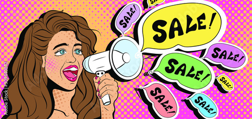 Sexy young woman with open mouth and megaphone screaming announcement. Advertising Pop Art poster or party invitation with club girl in comic style. Vector Illustration. Face close-up.