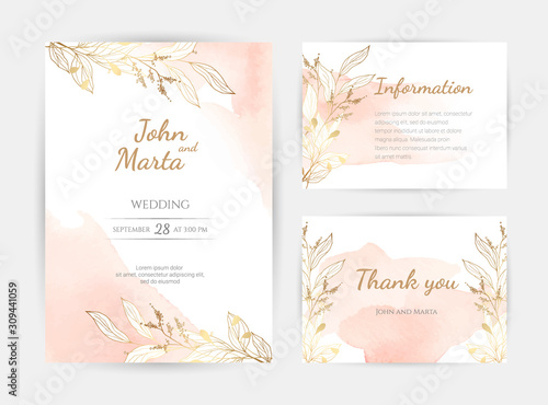 wedding invitation templates. Cover design with gold ornaments. set with hand drawn watercolor background. Trendy templates for banner, flyer, poster, greeting. eps10
