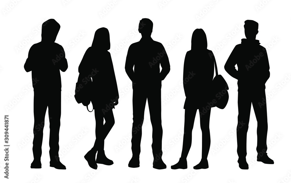 Vector silhouettes of men and a women with backpack, a group of standing business people, black color isolated on white background Vector silhouettes of men and a women with backpack, a group of standing business people, black color isolated on white background