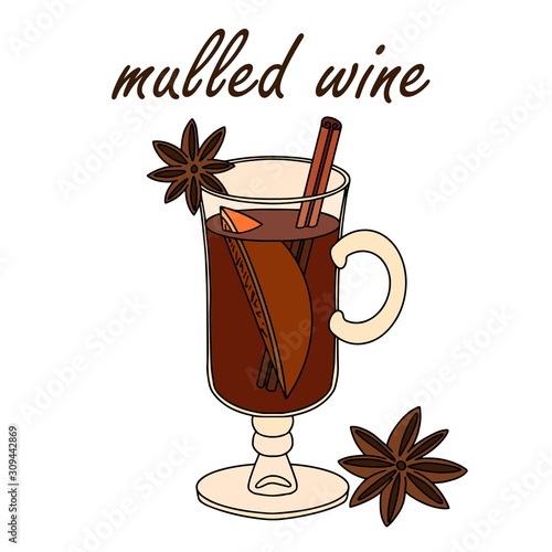 Color vector illustration. Mulled wine in a glass. Hot wine alcoholic drink. Winter beverage.