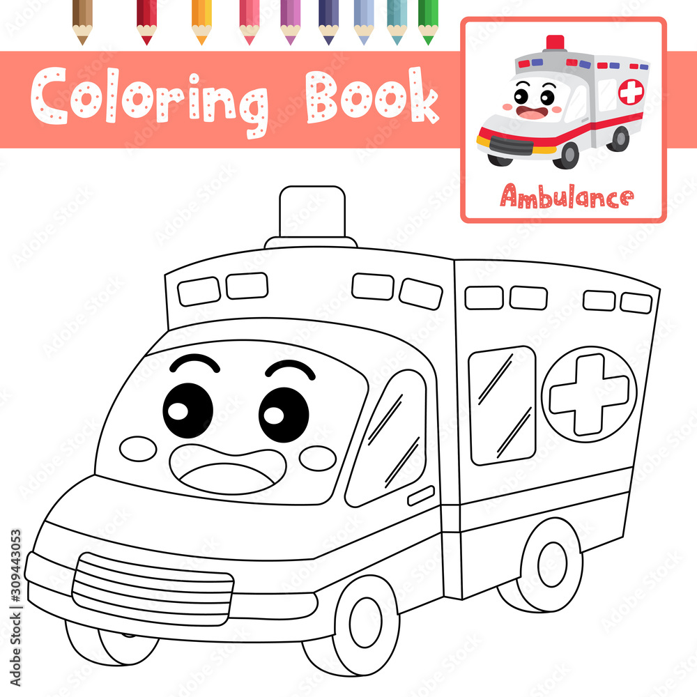 Coloring page Ambulance cartoon character perspective view vector  illustration Stock Vector | Adobe Stock