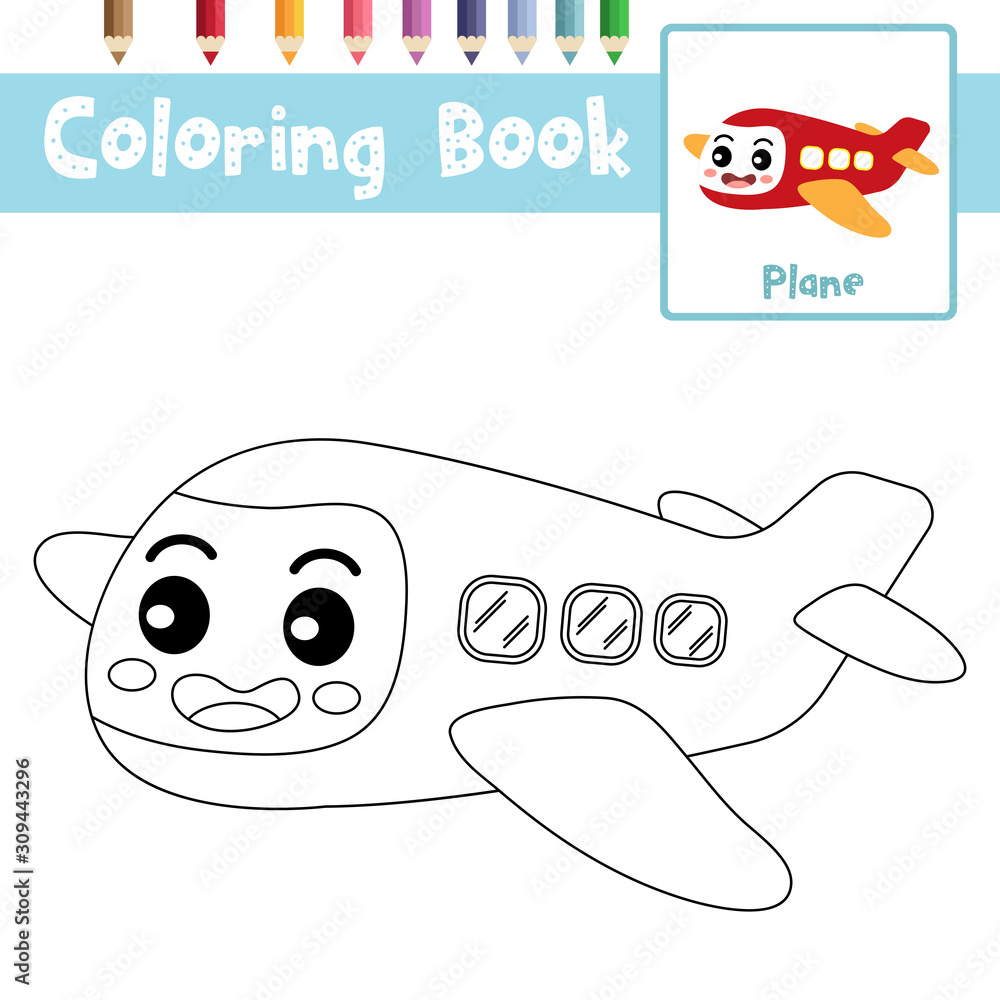 Fototapeta Coloring page Plane cartoon character perspective view vector illustration