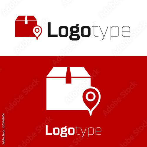 Red Location with cardboard box icon isolated on white background. Delivery services, logistic and transportation, relocation, distribution. Logo design template element. Vector Illustration