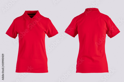 red womens blank polo shirt, front and back view isolated on white on invisible mannequin