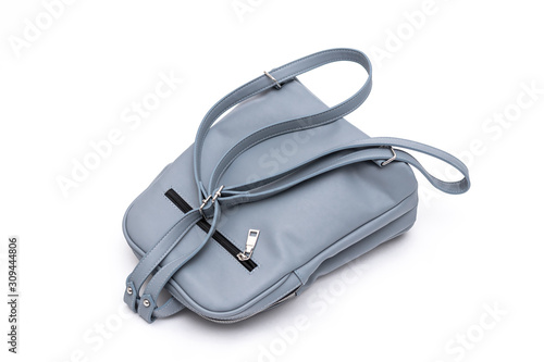 Fashion women leather blue backpack isolated on a white background.