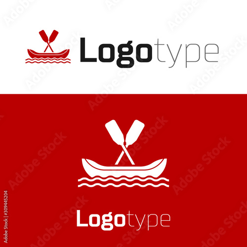 Red Rafting boat icon isolated on white background. Kayak with paddles. Water sports, extreme sports, holiday, vacation, team building. Logo design template element. Vector Illustration
