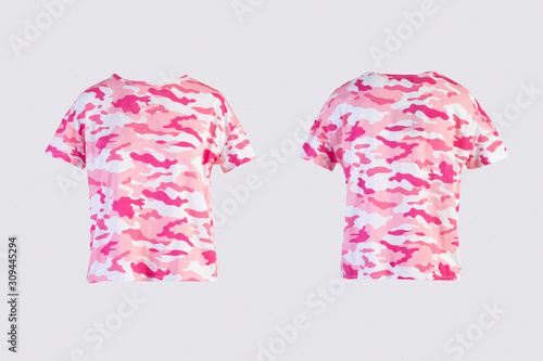 camo female t-shirt Isolated on white background front and back rear view on invisible mannequin