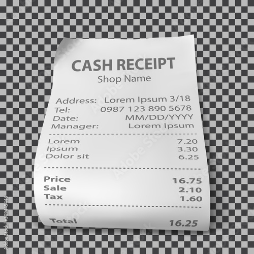 Shop receipt realistic isolated vector illustration. Direct and curled paper payment bill with goods and their price, tax and total amount