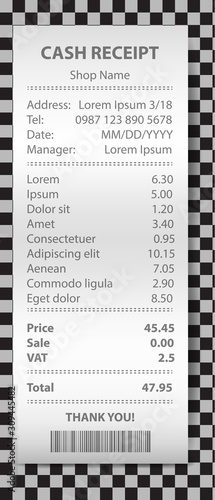 Shop receipt realistic isolated vector illustration. Direct paper payment bill with barcode, goods and their price, tax, Vat and total amount
