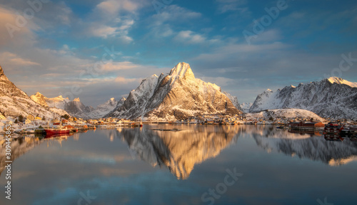 Panorama view of Reine at sunrise in winter