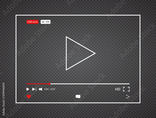 Video player. Live stream video background with 10k views. Interface web screen template. Social media player window bar design mockup. Design element for web and mobile apps. Vector illustration