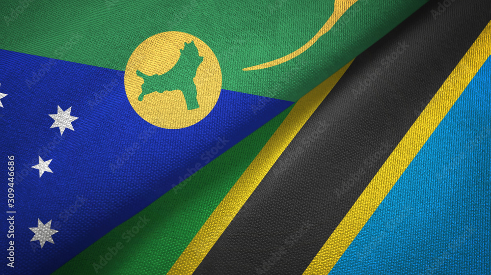 Fototapeta premium Christmas Island and Tanzania two flags textile cloth, fabric texture