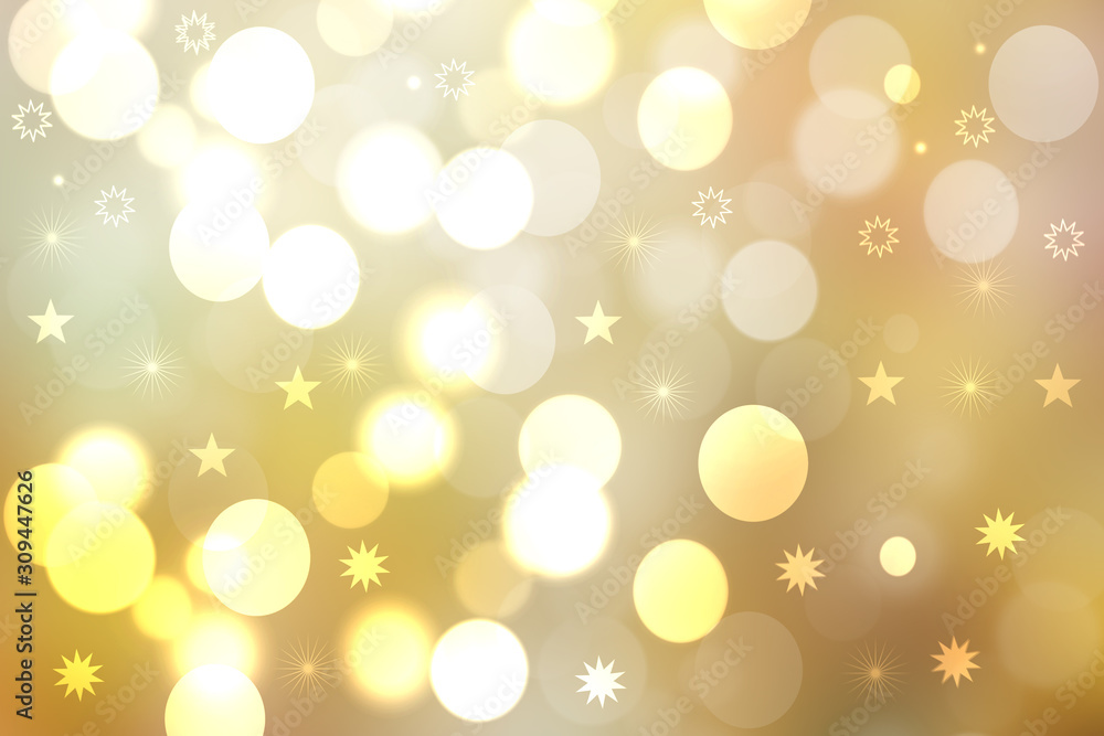 Christmas card template. Abstract festive golden yellow white winter xmas or New Year background texture with blurred bokeh lights and stars. Beautiful backdrop.