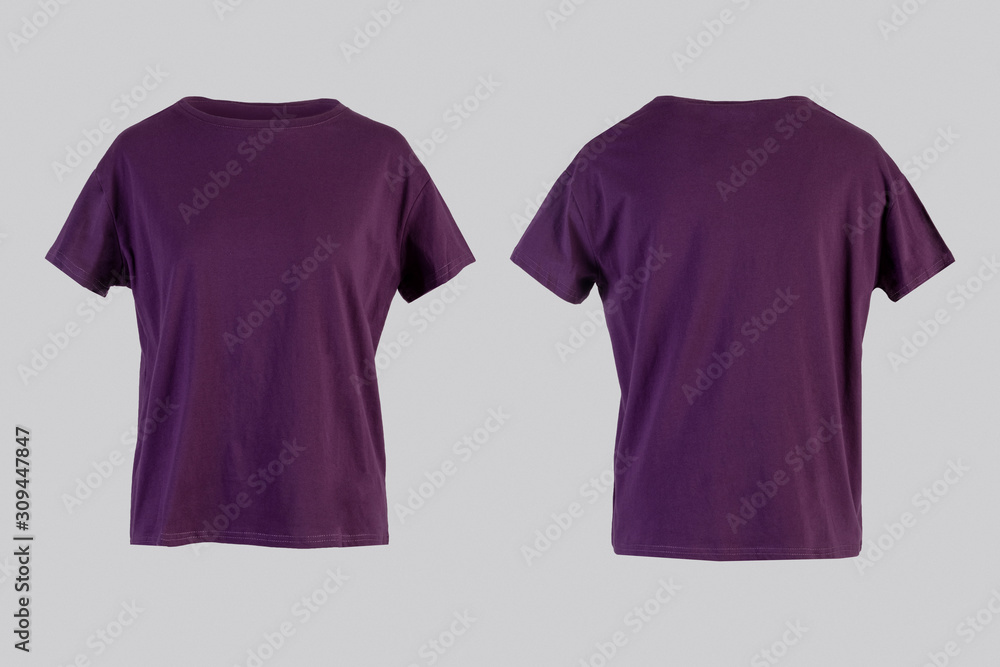Blank purple female t-shirt Isolated on white background front and back ...