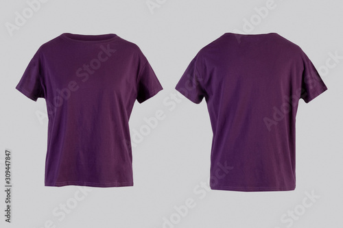 Blank purple female t-shirt Isolated on white background front and back rear view on invisible mannequin