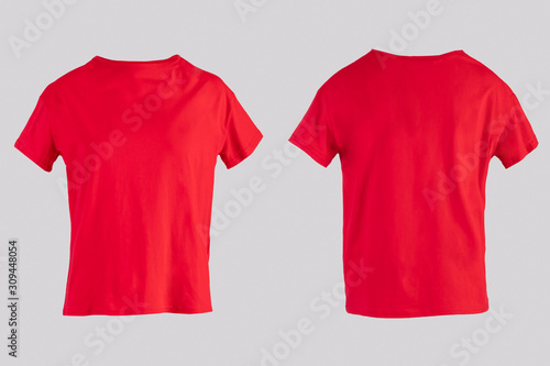 Blank red female t-shirt Isolated on white background front and back rear view on invisible mannequin