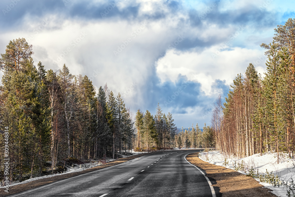 The lonely automobile road in the forest with the dramatic sky The lonely automobile road in the forest with the dramatic sky