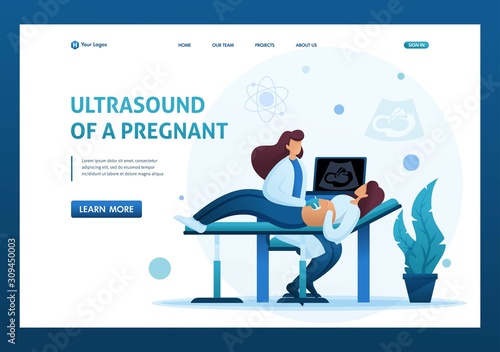 Doctor makes an ultrasound of a pregnant woman, examining the fetus in utero. Flat 2D character. Landing page concepts and web design
