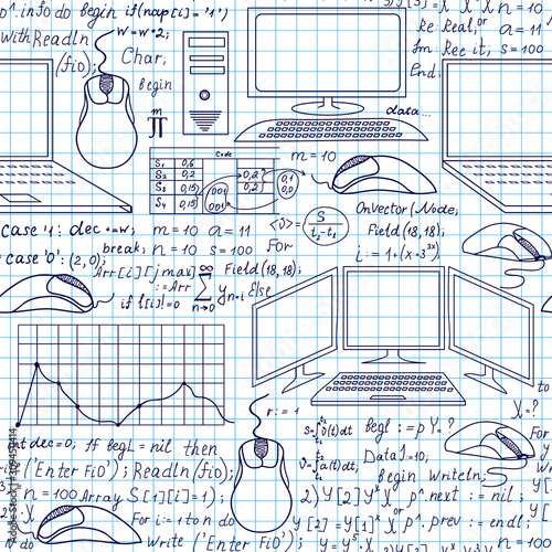 Programming technical vector seamless pattern with code, program flow diagrams, formulas, technical devices and schemes, handwritten on grid copybook paper