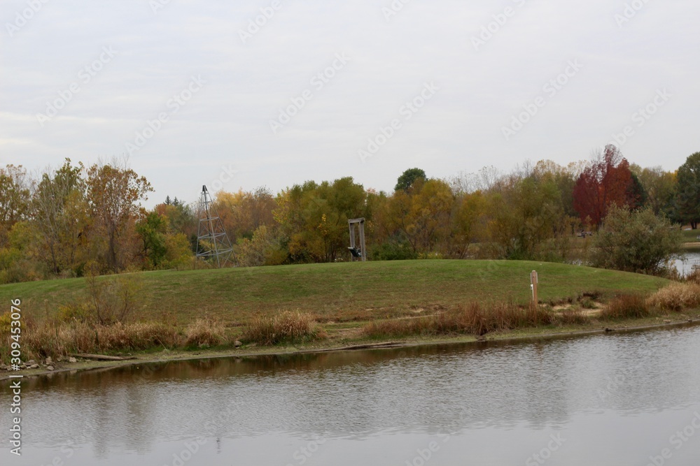 The country autumn landscape at the lake in the park.