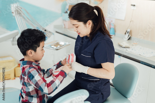 Female dentist showing kids teeth model in clinic photo