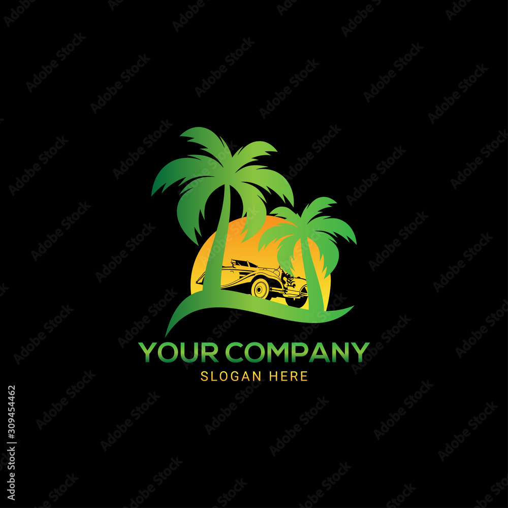 Summer colorful logo template vector with tree, sun and car