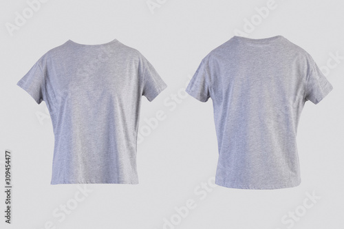 Blank light gray female t-shirt Isolated on white background front and back rear view on invisible mannequin