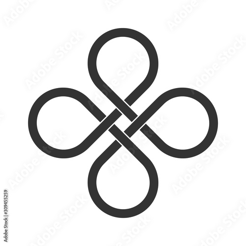 Infinite loop icon. Clover leaf knot. Endless loop sign. Celtic interlocking knot. Old ornament strip. Eternity line. Interconnected circular shapes. Bowen cross symbol. Vector illustration, clip art.