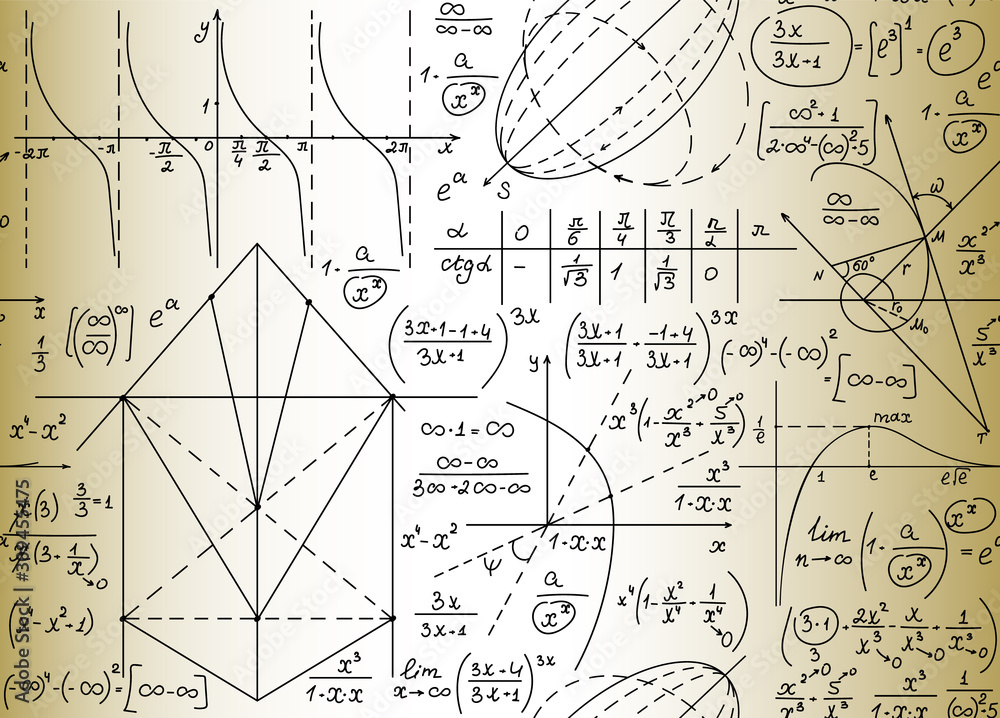 Math vector seamless pattern with handwritten formulas, calculations, figures, chalk writings on blackboard effect Math vector seamless pattern with handwritten formulas, calculations, figures, chalk writings on blackboard effect