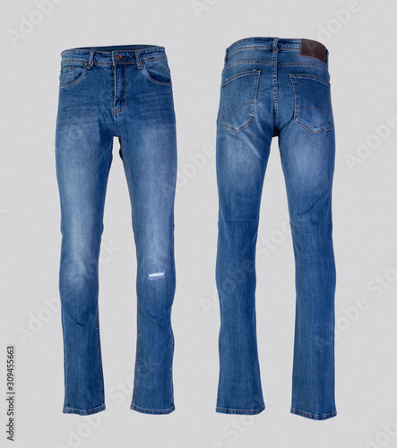 Men blue jeans isolated on white background, front and back view